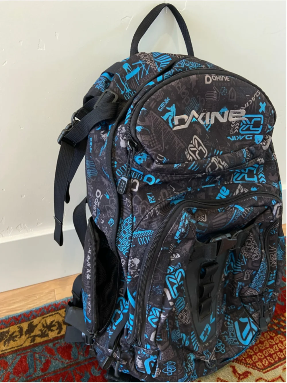 Dakine Backpack Black and Blue Graphic Print Quality Heavy Duty